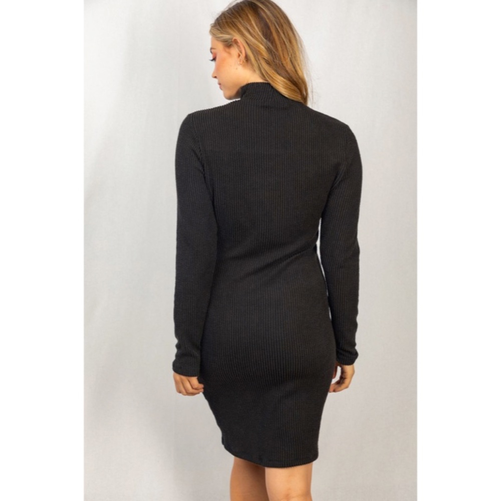 CLEARANCE Black Ribbed Mock Neck Long Sleeve Cut Out Neckline Sexy Dress - Picture 5 of 5